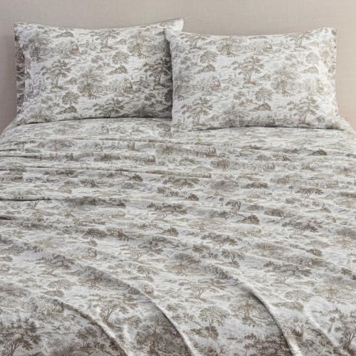 Image of Martha Stewart - Twin Sheet Set with Fitted Sheet & Pillowcase, Cotton Percale Bedding with a Smooth Feel, Deep Pocket, Amelie Toile Brown