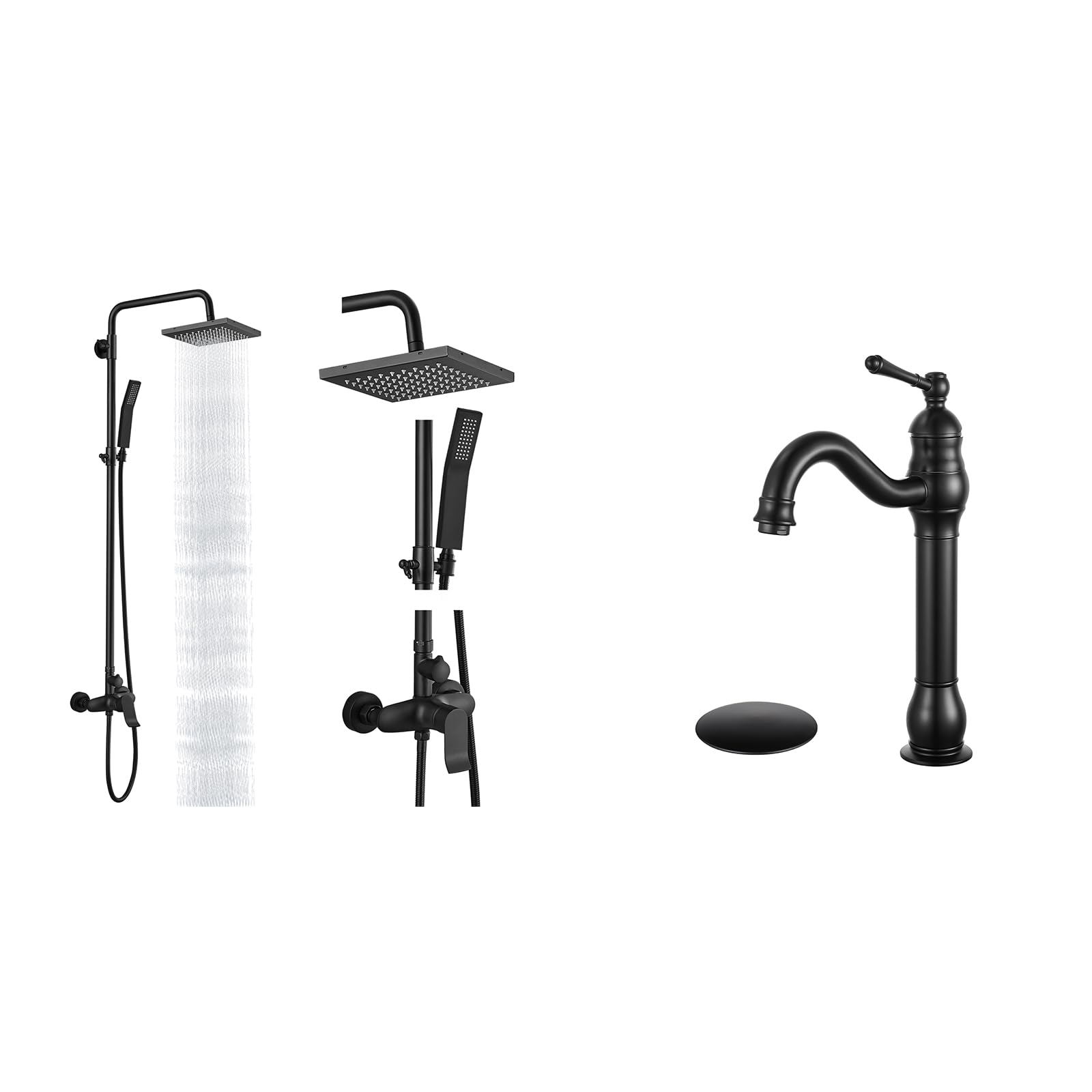 Hcfyauis Black Matte Exposed Shower System 8 Inch Square Swivel Rainfall Shower With Vessel Sink Faucet 360 Degree Adjustable Lavatory Vanity Mixer Bar Tap Without Overflow