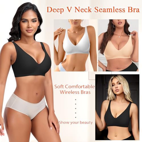 Image of DOCUMO Deep V Bras for Women No Underwire Comfort Wireless Bralettes Adjustable Sleep Seamless Plunge Bra with Bra Extender