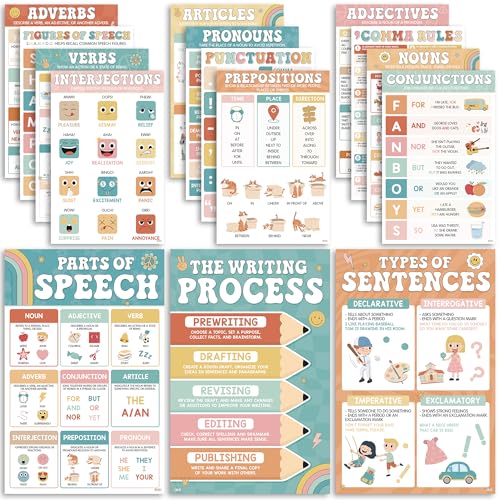 15 Pcs Boho Groovy Parts Of Speech Posters For Classroom, Back To School English Grammar Chart, ELA Middle School Wall Art, Laminated Educational - Nouns, Pronouns, Writing Process, Type of Sentences