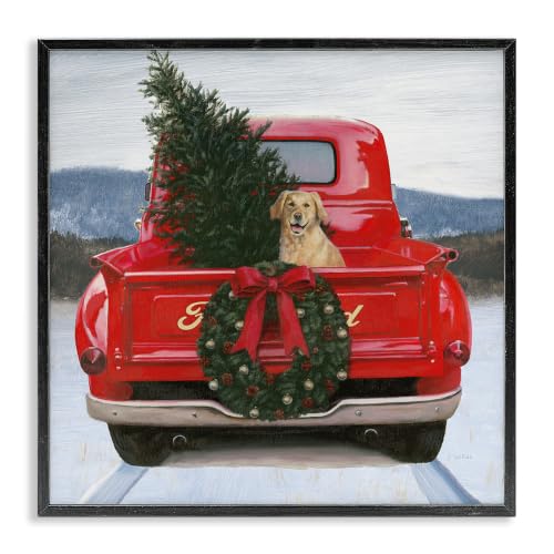 Christmas Tree Dog Red Truck Snowy Scene, 12 x 12 Inch Framed Giclée Print