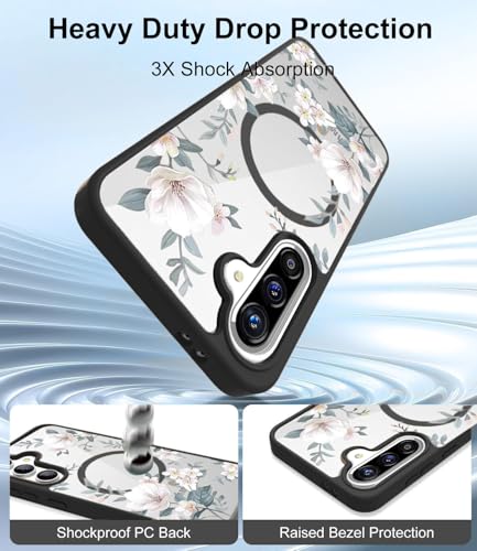Image of VONZEE Compatible with Samsung Galaxy A36 5G Case Luxury Retro Flowers Floral Clear for Magnetic Wireless Charging Case Shockproof Case PC+TPU Cute Glossy Shiny Cover for Girls Women, Black