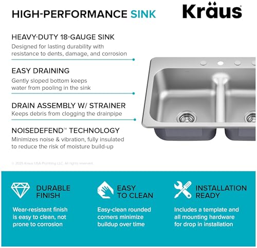 Image of KRAUS Premier 33-inch Drop In /Top Mount 50 /50 Double Bowl with Low Divide 18-Gauge Stainless Steel Kitchen Sink with Strainers (x2), KTM102-33