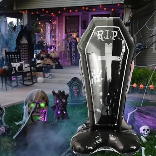 Image of Rozi Decoration Self Standing R.I.P Tombstone Balloon - 58 Inch Halloween Decoration with Feather Base for Graveyard Party Decor