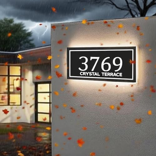 Product Image of the Custom Solar Address Sign for Outside, LED Backlit House Number Sign, Personalized Waterproof Metal Address Plaque, Illuminated Lighted House Numbers for Home