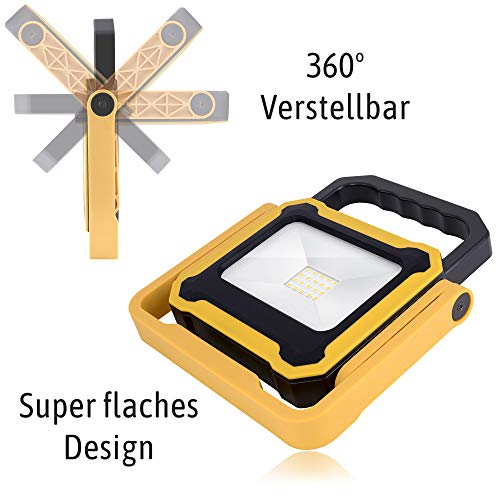 LED Akku Baustellenlampe Baustrahler 10W mit schnell aufladbarer USB Powerbank Batterie Werkstattlampe Arbeitsscheinwerfer Arbeitsleuchte 4400mAh 4-Licht-Modi Wasserschutz IP54