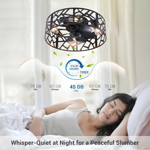 Image of 20 inch Farmhouse Flush Mount Ceiling Fan with Light and Remote, Black Caged Low Profile Fandelier, 6-Speed Reversible Enclosed Ceiling Fan for Bedroom, Kitchen, Small Room