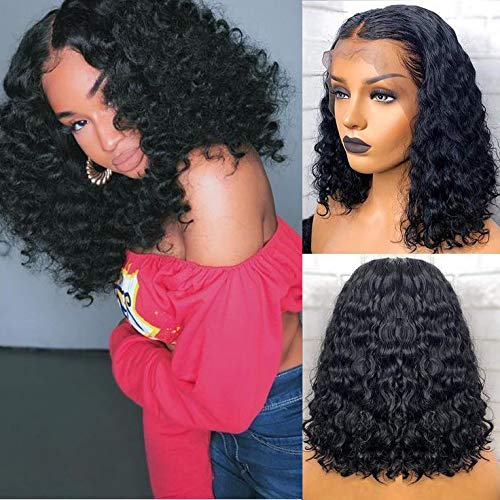 Andrai Hair Short Bob Curly Lace Front Wigs Glueless Natural Wave Synthetic Heat Resistant Fiber Hair Wig With Baby Hair For Black Women 14 Inch