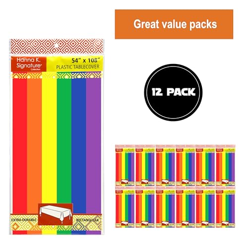Image of Party Dimensions Carnival Rainbow Disposable Plastic Tablecloth for Rectangle Tables (12 Pack) Table Cloths for Parties, Events, Indoors & Outdoors, 54 x 108 inches, Plastic Table Cover