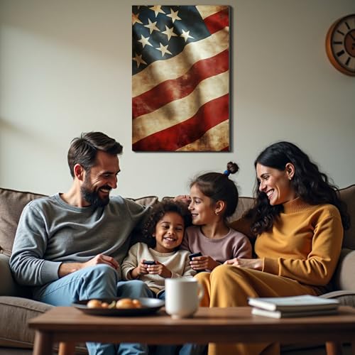 Image of Framed Vintage Distressed American Flag Wall Art, Patriotic Rustic Canvas Art Pictures, USA Flag Wall Decor, Made in USA Ready to Hang for Living Room Garage