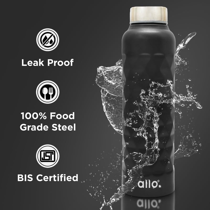 Image of Allo Stainless Steel Water Bottle For Adults, Kids 1 Litre Water Bottles For School, Office, Sports, Gym 1L Water Bottle For Men And Women, Pack Of 2| Leak Proof, Bpa Free, Black & Dark Grey Diamond