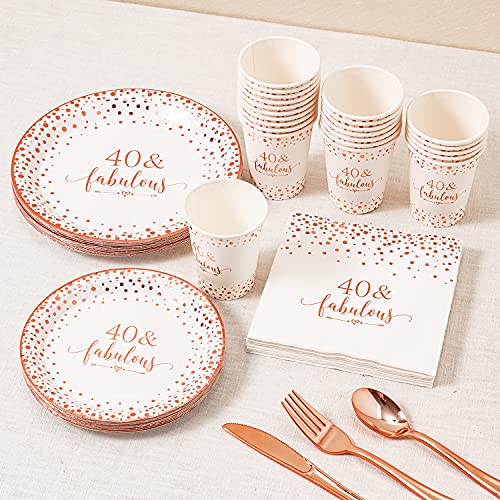 Crisky Rose Gold Foil 40 Fabulous Napkins Plates Cups Set For Women 40Th Birthday Party Decorations Supplies, Disposable Tableware Set Of 24 (9" Plates, 7" Plates, Luncheon Napkins, 9Oz Cups) #TOP5