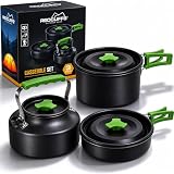 Camping Kochtopfset 3 in 1 Leichtes Aluminium Topfset für Gasherde, 1 x Topf+Deckel 1 x Bratpfanne 1 x Wasserkessel+Deckel