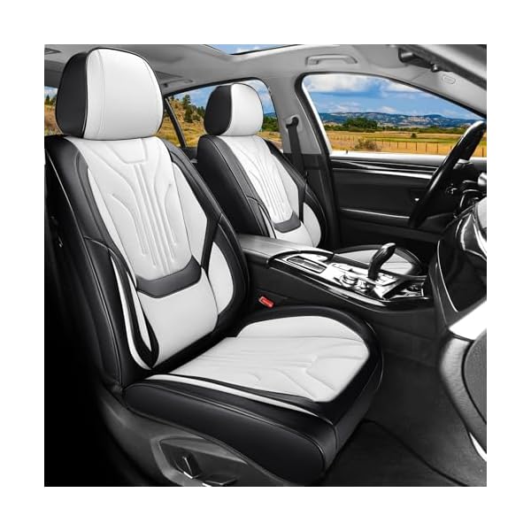 Car Seat Covers Full Set, Universal Fit Faux Leather Cushion Protector, Waterproof Non-Slip Automotive Interior Accessories for Sedans, SUVs, Trucks (Black&White) (Fullset) - Image 3