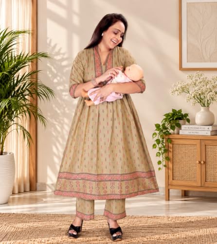 Image of Momenta Women's Pure Cotton Maternity Kurta Set | Feeding Kurti with Concealed Zippers | Maternity Dress for Pre & Post Pregnancy