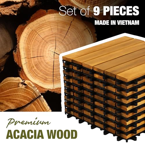 Image of Premium Acacia Wood Interlocking Deck Tiles, 9 PCS 12 inchx12 inchx0.9 inch Floor Tiles, Waterproof Wood Flooring for Backyard & Outdoor Patio Decor, All Weather Use (Golden Teak - Striped Pattern)