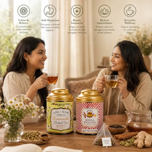 Image of Sancha Tea Boutique, Tea Combo Pack: Chamomile Flower, 50g Caffeine Free Herbal Tisane & Masala Chai (25 Pyramid Bags), Real Spice Blend Chai