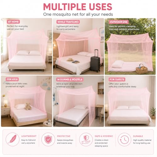 Image of BENAVJI Foldable Machardani Single Bed | Pure Cotton Mosquito net (Pink, 3.5FT X 6FT) | Strong, Breathable, Lightweight, Portable & Ideal for Daily Usage | Full Protection for Home & Travel