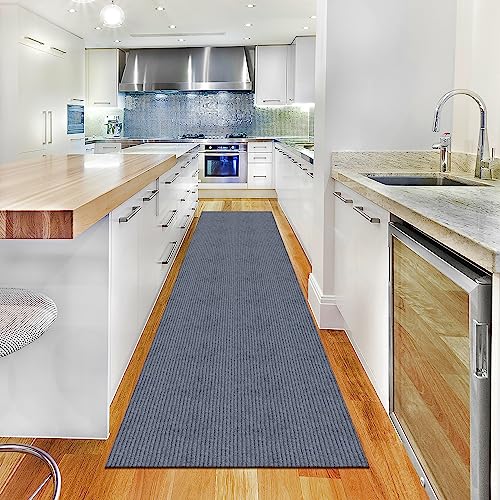 Scrape Rib Solid Design Non-Slip Rubberback 3X8 Indoor/Outdoor Waterproof Runner Rug For Hallway, Kitchen, Living Room, Garage, Patio, 2'7" X 8', Gray #TOP2