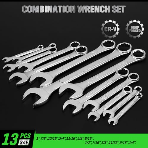 Image of 30-Piece Combination Wrench Set, Metric (6mm-24mm) & SAE (1''-1 /4 inch), Standard Spanner Wrench Set, Mechanic Tool Sets with Rolling Pouch, Open End Wrenches for Household, Garage, Workshop, Auto Repairs