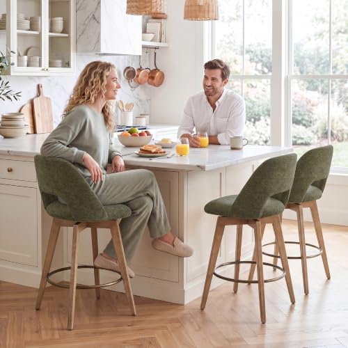 Image of Zesthouse Swivel Farmhouse Bar Stools Set of 4, 26 inch Modern Counter Stools with Open Back & Natural Wood Legs, Upholstered Linen Fabric Counter Height Barstools, High Chairs for Island Kitchen, Green