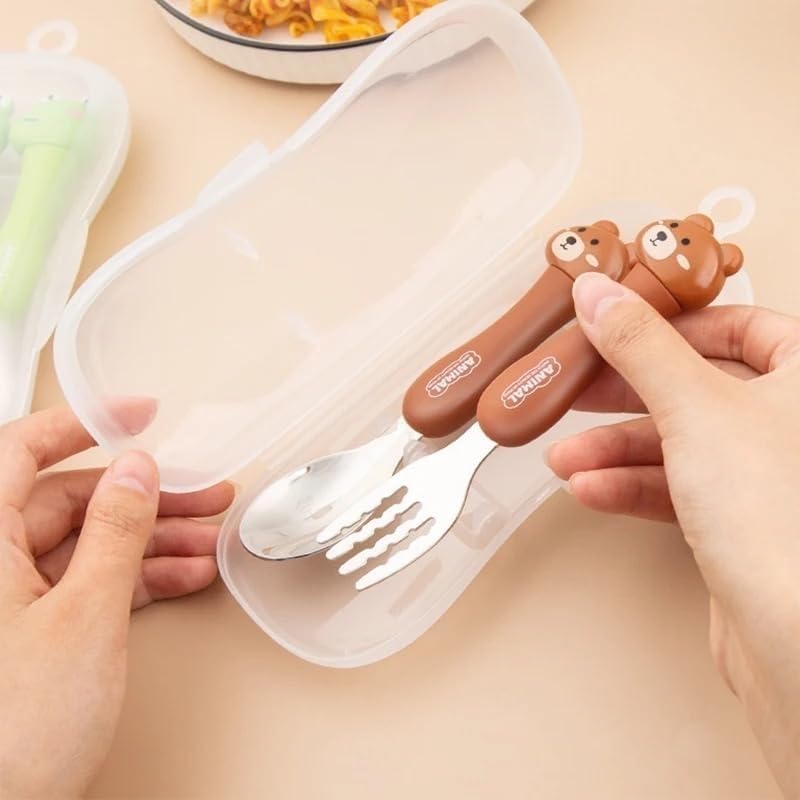 Image of Bekner Kids Cutlery Set, Stainless Steel Spoon and Fork with Animal Design Handles, 14.7 cm, Multicolor, Pack of 2 (Brown)