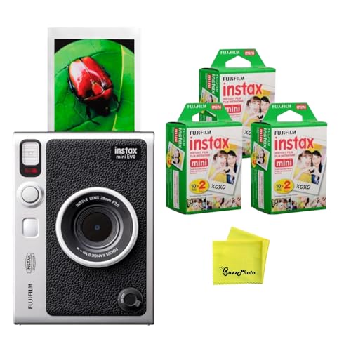Image of Fujifilm Instax Mini EVO Instant Camera (Black) w /BuzzPhoto Microfiber Cleaning Cloth and 3 Twin Packs Mini Instant Film