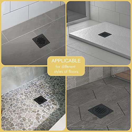 Yaseingoo 4” Drain Grate Kit Replacement - Shower Floor Drain Kit With Adjustable Collar - Removable Square Drain Set - Sus 304 Stainless Steel Grate - Compatible With Kerdi-Drain Flange - Matte Black #TOP2