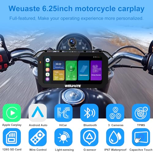 Image of 6.25 inch Motorcycle Carplay Screen with GPS NavigationSystem, Wireless Android Auto, TPMS, HD 1080P Dual Motorcycle Dash Cam+Third Person Perspective Camera, Motos Metal Anti-Theft Bracket