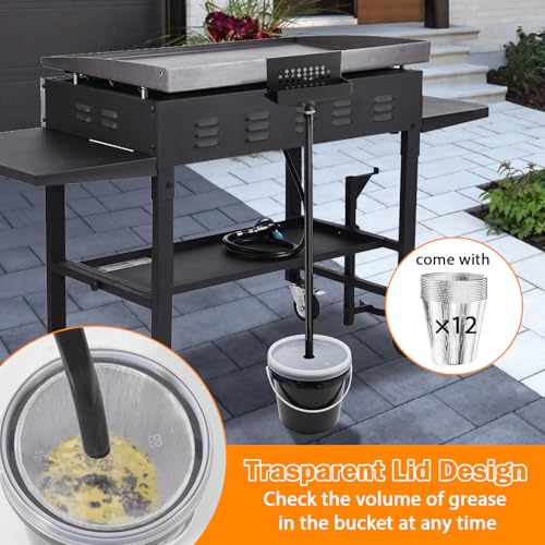 Image of Eveanro Rear Grease Drainage System for Blackstone Grease Catcher Upgrade | Griddle Accessories, Grease Bucket with Transparent Lid, Grease Trap Funnel, 12 Pack Foil Bucket Liners, Two Mounting Methods