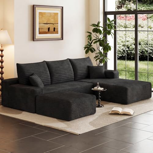 Image of 95 inch Boneless Cloud Couch Sectional Couches Sofa for Living Room | Modular U-Shaped Couch, Comfy Modern Corduroy Memory Foam Sofas with Ottoman, Oversized Chaise (Black, Right-Facing Chaise)