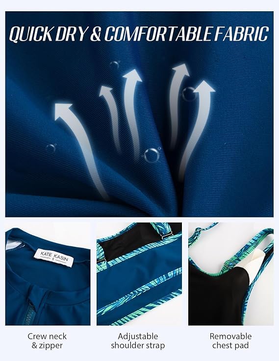 Kate Kasin Damen 3-teiliges Rashguard-Badeshirt, langärmelig, LSF 50+, Badeanzug, Reißverschluss, Farbblock, Badeanzüge mit Boyshort