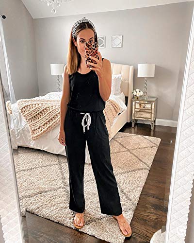 PRETTYGARDEN Women's Casual Sleeveless Solid Jumpsuit Crewneck Drawstring Waist Stretchy Long Pants Romper - Image 4