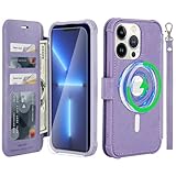 VANAVAGY Compatible for iPhone 13 Pro Wallet Case for Magsafe Wireless Charging, PU Leather Flip Folio Phone Case with Wrist Strap RFID Blocking Card Holder Screen Protector,Clove Purple