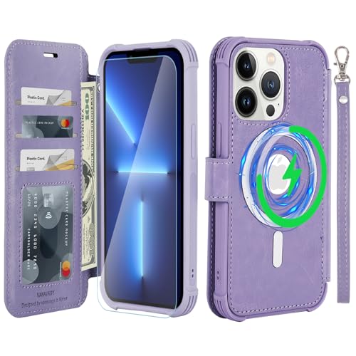 VANAVAGY Compatible for iPhone 13 Pro Wallet Case for Magsafe Wireless Charging, PU Leather Flip Folio Phone Case with Wrist Strap RFID Blocking Card Holder Screen Protector,Clove Purple