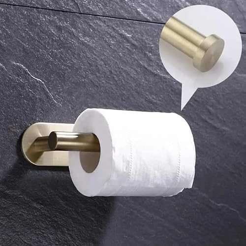 Gold Colour Toilet Roll Holder | 3m Strong Self Adhesive Brushed Brass Effect Steel Toilet Paper Holder | Stick On/No Drilling Required | Strong Loo Roll Tissue Holder Stand, Modern & Clean - Image 2