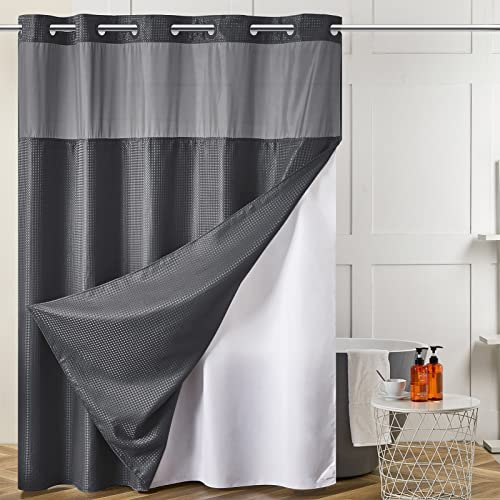 Image of Furlinic Dark Grey Small Stall No Hook Shower Curtain with Snap in Liner,Waffle Weave Heavy Duty Fabric Waterproof Bathroom Curtains,Washable Shower Curtain Set with See Through Window 36x72 Inch