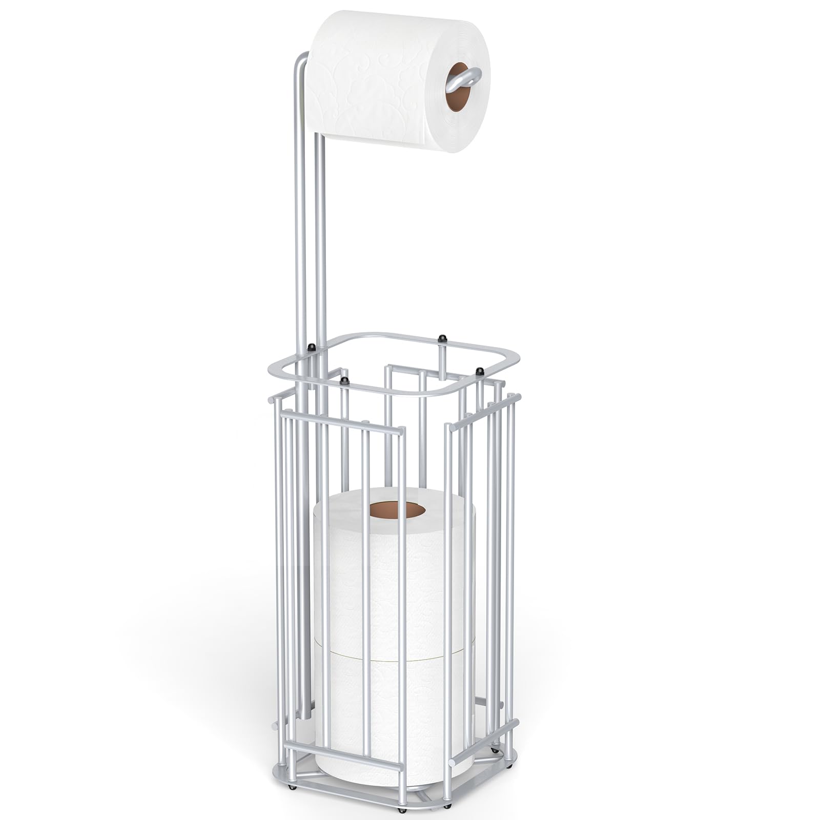 Meangood Porta carta igienica, dispenser quadrato per rotolo di carta, per 4 rotoli grandi, autoportante, per bagno, porta rotolo di carta igienica (argento)