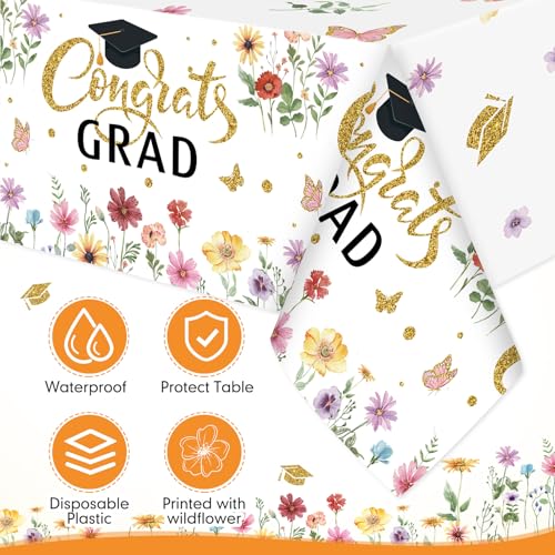 Image of Ganeen 3 Pcs Graduation Tablecloth Floral Class of 2026 Congrats Grad Table Cloths Gold Disposable Plastic Rectangle Table Cover for 2026 Graduation Decorations Grad Party Supplies, 54 x 108 Inch
