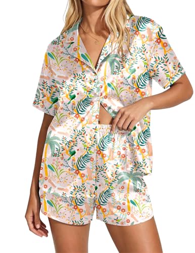 Image of Ekouaer Womens Satin Pajama Set Short Sleeve Button Down Sleepwear 2 Piece Silky Pj Set Soft Loungewear for Ladies