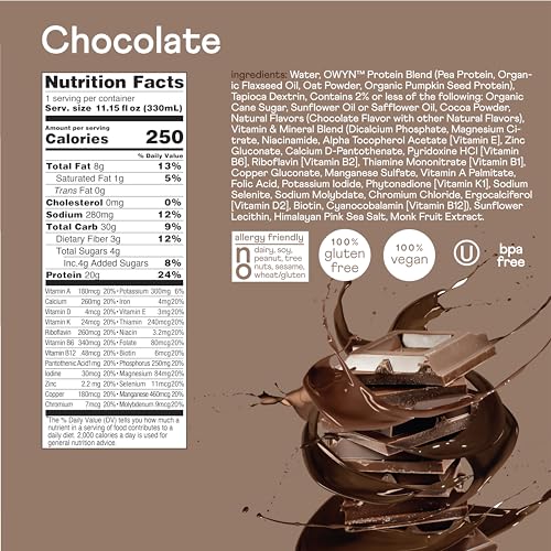 OWYN Only What You Need Vegan Complete Nutrition Protein Shake, 20g plant based protein, 23 Vitamins Minerals, Nutritional Shake, Gluten, Soy, and Tree Nut-Free (Chocolate, 12 pack)