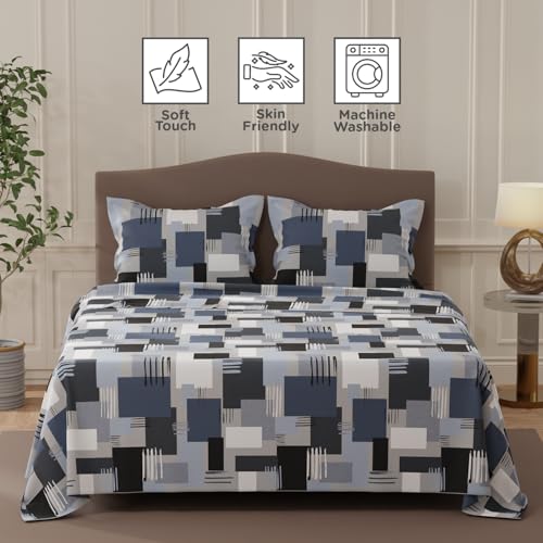 Image of Layers 100% Cotton Bedsheet for Double Size Bed | Lumina Floret Collection | 144 TC Soft & Breathable | Printed with 2 Pillow Covers | Wrinkle Free & Colorfast | 3 Piece Bedding Set - Navy Blue