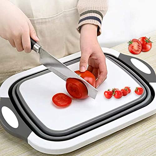 Image of Maruti Creation Collapsible Cutting Board 3 in 1 (Grey) Multi-Functional Chopping Board, Basket and Strainer, Chopping Board with Colander, Draining Foldable Silicone Dish Tub for Vegetable,Fruits