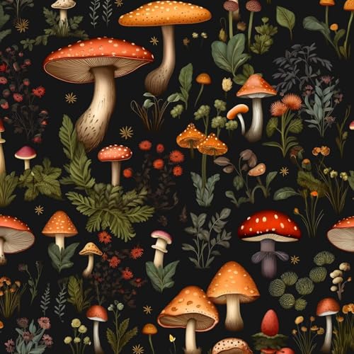 Image of Laatse Mushrooms Wallpaper Peel and Stick Drak Floral Contact Paper Vintage Self Adhesive Wall Mural Boho Botanicl Wall Paper for Room Walls Stairs Countertop Decor 17.5in x 393in