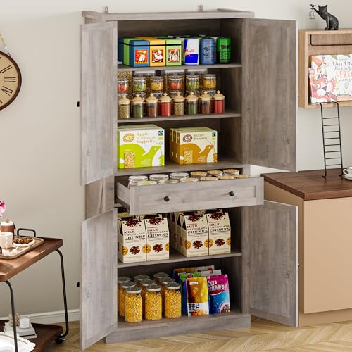 Image of BORNOON Pantry Organizers and Storage Cabinet, 67.7 inch Barn Door White Kitchen Cabinet with Drawers and Adjustable Shelf, Tall Pantry for Kitchen, Dining Room, Living Room Bedroom