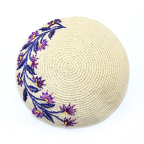 Cream & Lavender Purple Flowers Crochet & Embroidered Womans Kippah - Ladies Yarmulke