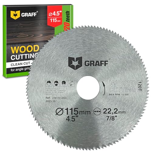 GRAFF Disco 115 mm per Legno Laminato Plastica Compensato Cartongesso - Lama per Sega Circolare 115x22,23 mm compatibile con Smerigliatrice Angolare - Taglio Sottile 2mm