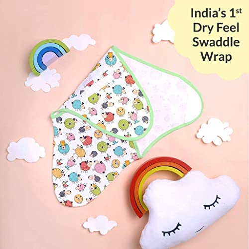 Image of superbottoms Dry Feel Swaddle Wrap for Newborn | SuperDryFeel Layer to Keep Baby Dry | Extra Soft | 100% Cotton | Easy to Wear, Travel-Friendly Wrapper | 0-3 Months, Baby Wrappers | Ba Ba Sheep.