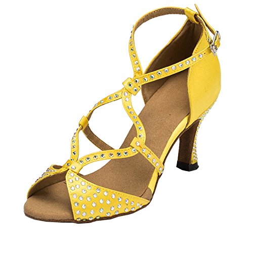 Sandales de danse femme latine et salon en satin jaune à strass L056 taille 38