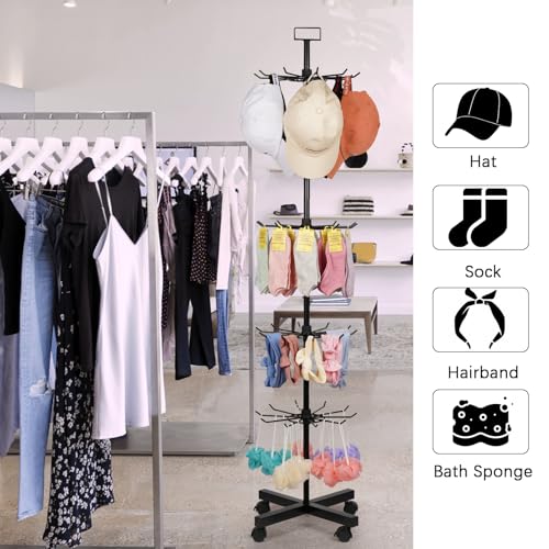 Image of 5-Tier Metal Spinning Display Stand Rack with Wheels, Black Iron, 50 Hooks, Lockable Wheels, Ideal for Jewelry, Accessories, Foods